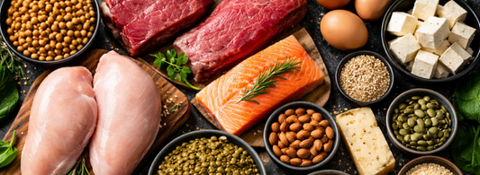 High-protein foods rich in L-tyrosine including chicken, salmon, beef, eggs, tofu, nuts, and legumes arranged on a table.